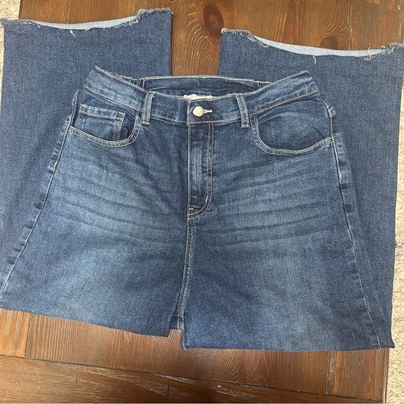 CHARLIE PAIGE WIDE LEG HIGH WAIST RAW HEM CROPPED ANKLE ELASTIC BLUE JEANS SZ L - Picture 5 of 13